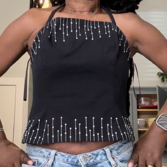 ST. JOHN Pearl drip full zip bandeau Coquette tie-back neck - Picture 11 of 13